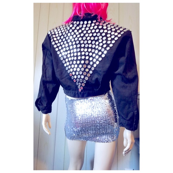 Vintage 80s PUNK Atomic Space Age MOD Black Denim Jacket Studded w/Mirrors wOw! - Picture 5 of 14